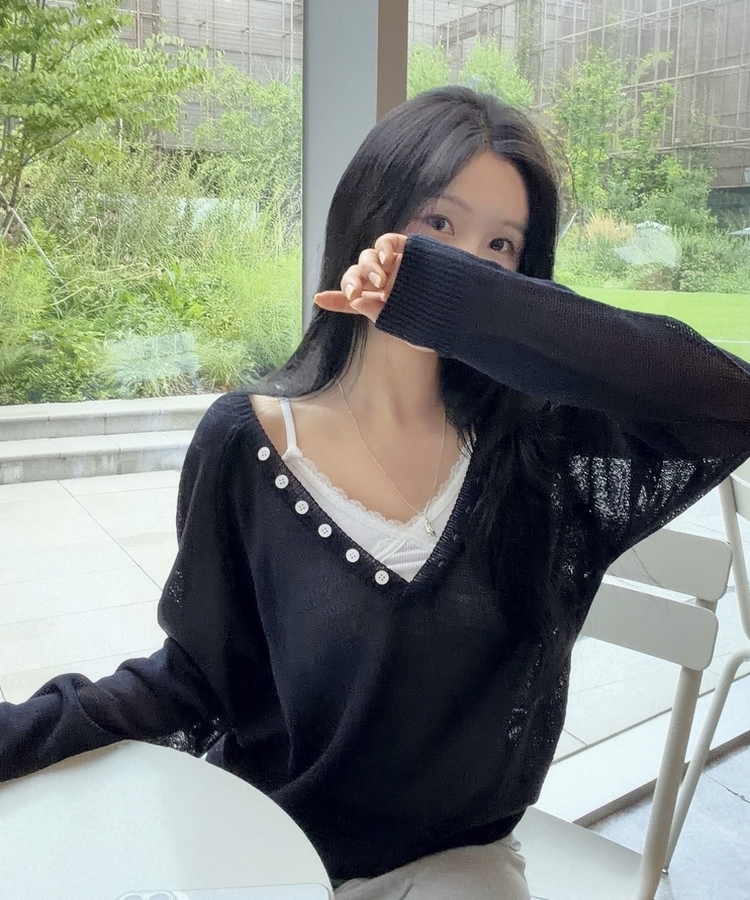 널디 레이어드 헨리넥 버튼 딥브이넥 루즈핏 린넨니트 4color 네이비