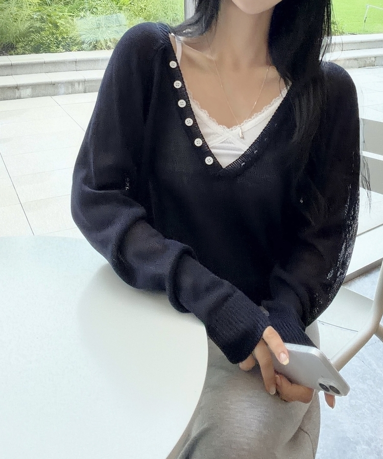 널디 레이어드 헨리넥 버튼 딥브이넥 루즈핏 린넨니트 4color 네이비