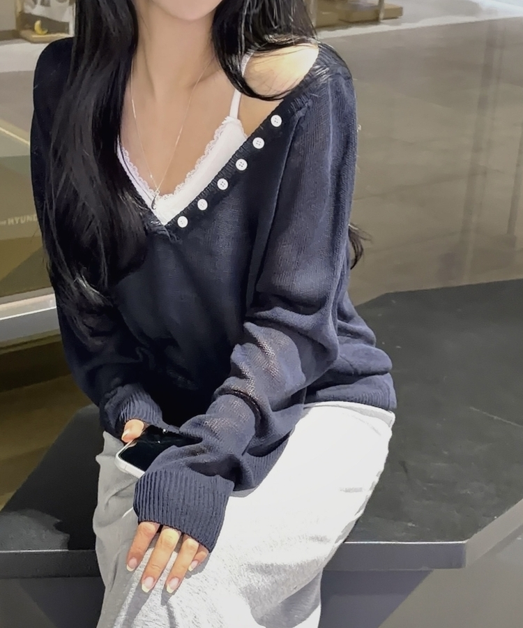 널디 레이어드 헨리넥 버튼 딥브이넥 루즈핏 린넨니트 4color 네이비