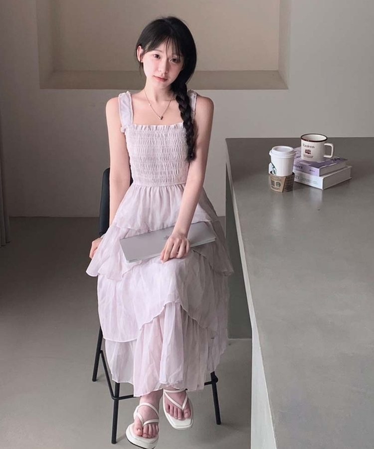 フリルシャーリングロングワンピース LIGHT PINK