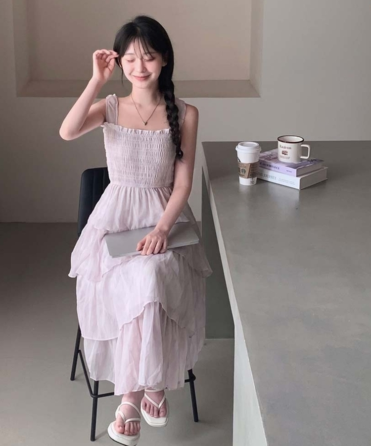 フリルシャーリングロングワンピース LIGHT PINK
