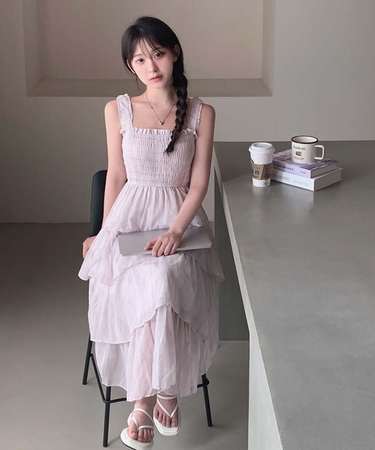 フリルシャーリングロングワンピース LIGHT PINK