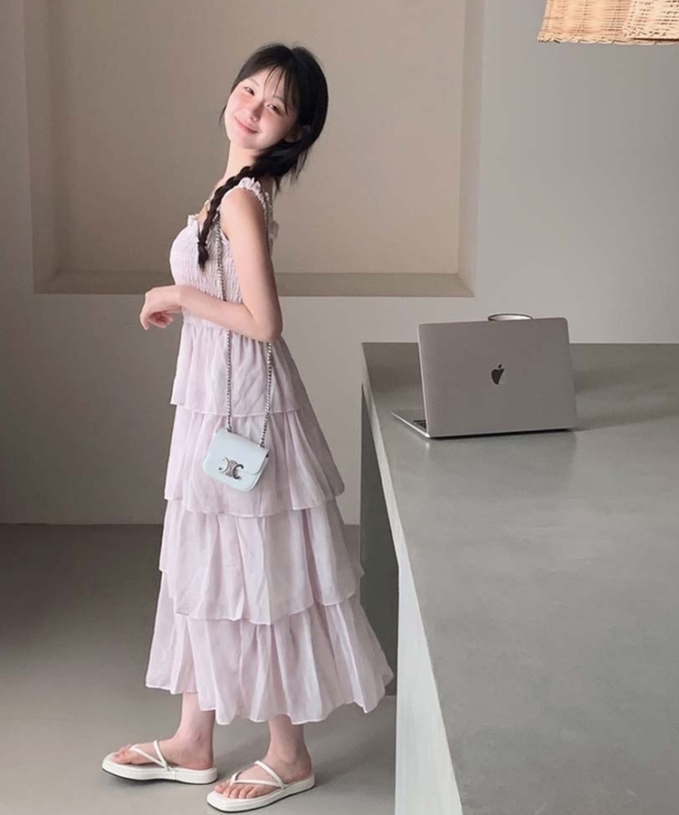 フリルシャーリングロングワンピース LIGHT PINK