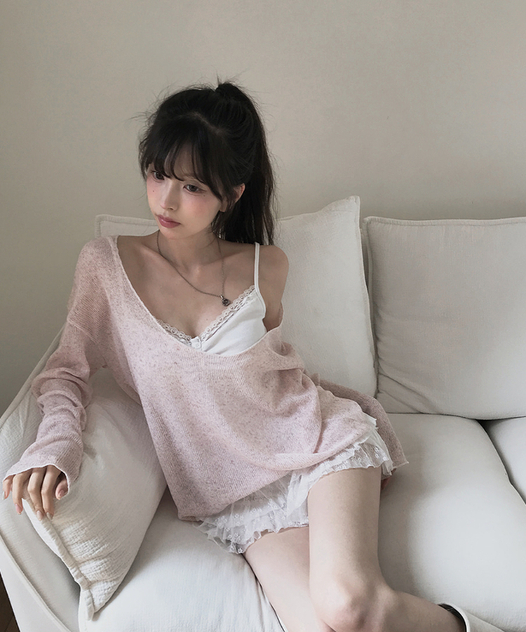 オーバーサイズVネック長袖ニットTシャツ PINK