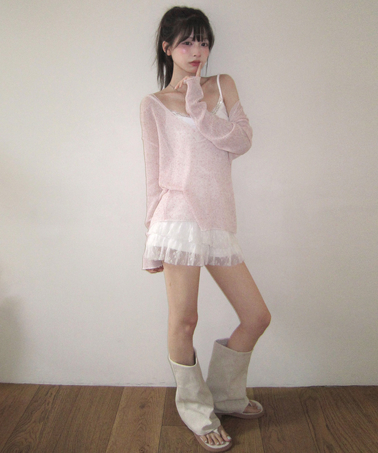 オーバーサイズVネック長袖ニットTシャツ PINK