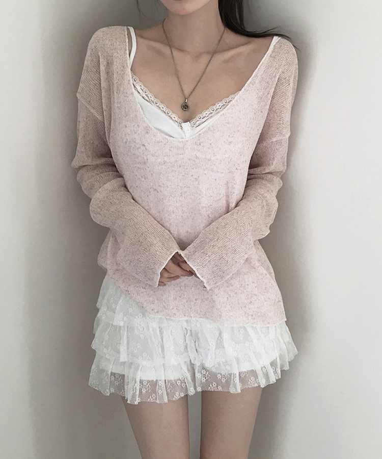 オーバーサイズVネック長袖ニットTシャツ PINK