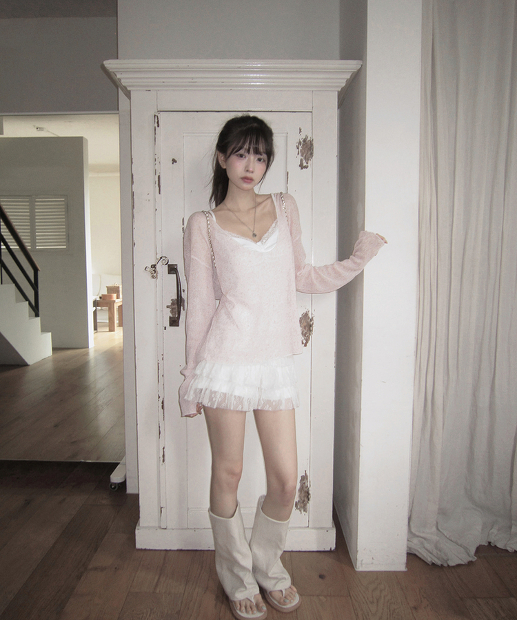オーバーサイズVネック長袖ニットTシャツ PINK