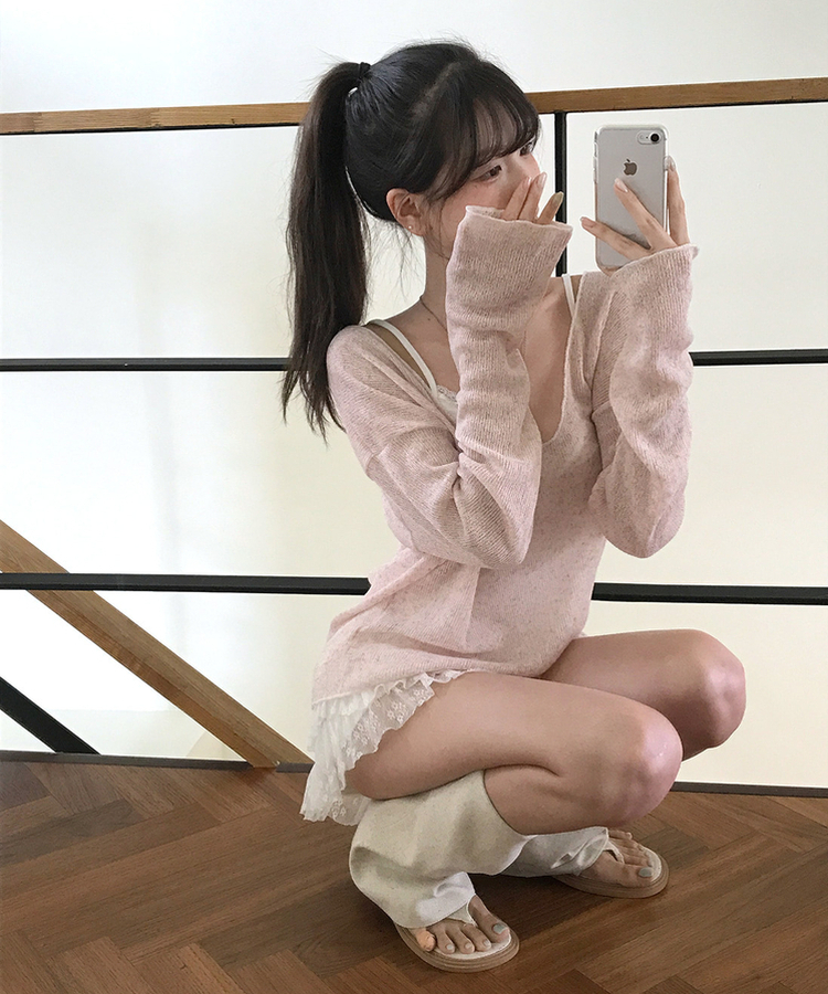 オーバーサイズVネック長袖ニットTシャツ PINK