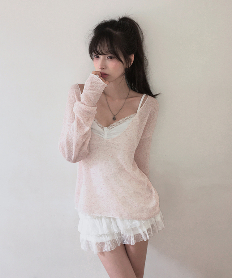 オーバーサイズVネック長袖ニットTシャツ PINK