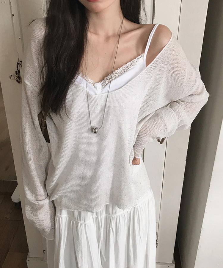 オーバーサイズVネック長袖ニットTシャツ IVORY