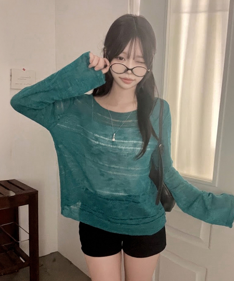 메이비 입술넥 오프숄더 시스루 루즈핏 니트 아쿠아