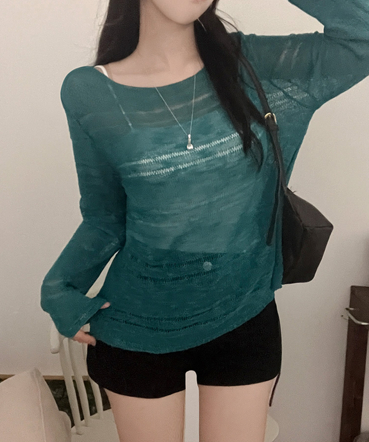 메이비 입술넥 오프숄더 시스루 루즈핏 니트 아쿠아