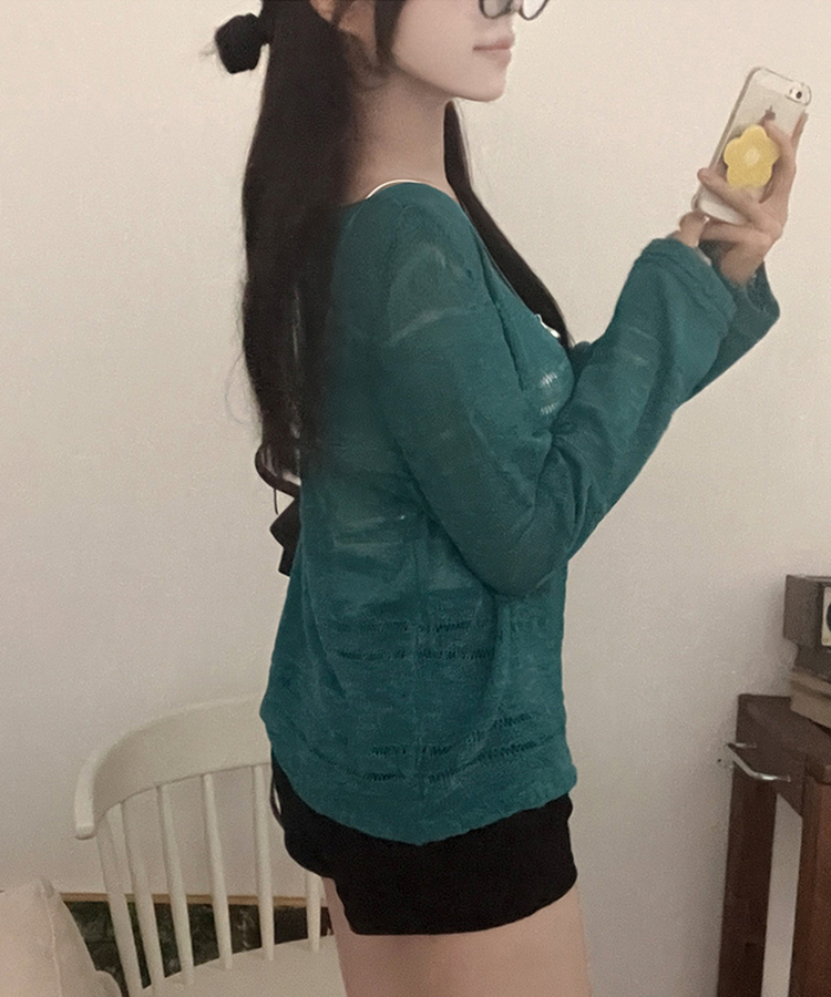 메이비 입술넥 오프숄더 시스루 루즈핏 니트 아쿠아