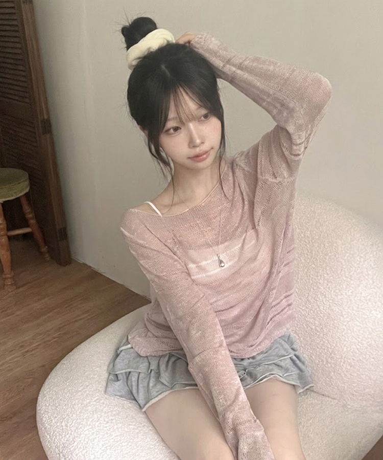 메이비 입술넥 오프숄더 시스루 루즈핏 니트 핑크