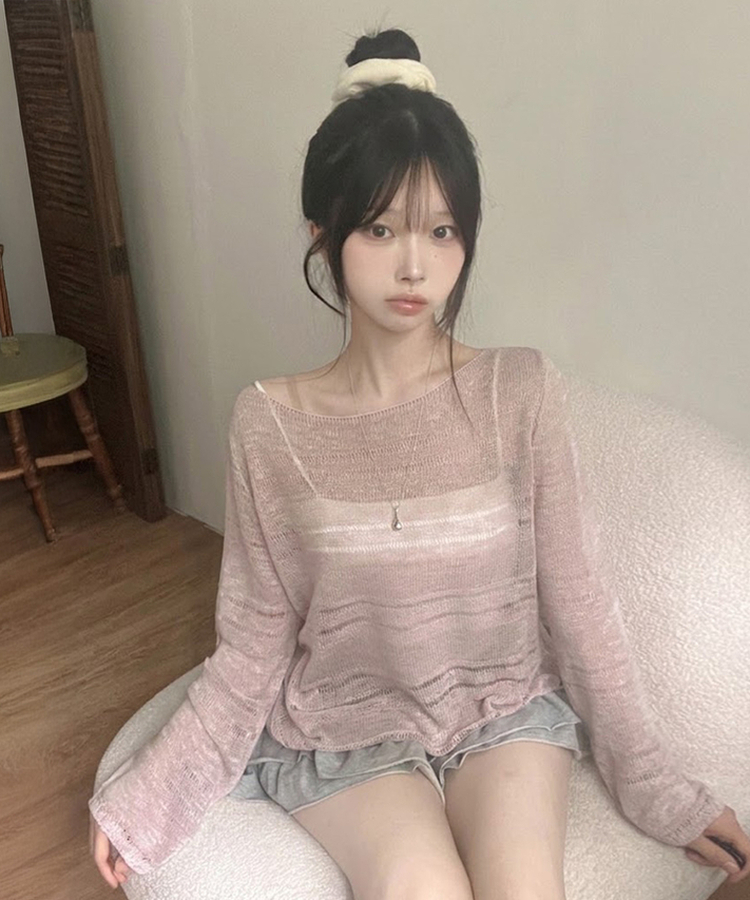메이비 입술넥 오프숄더 시스루 루즈핏 니트 핑크