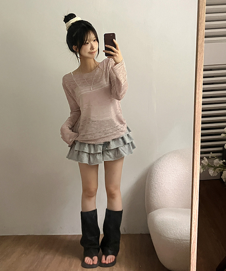 메이비 입술넥 오프숄더 시스루 루즈핏 니트 핑크
