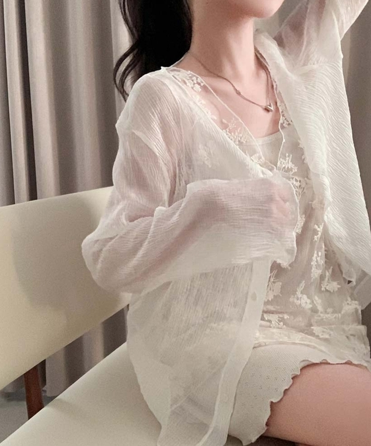 공기같은 가벼움윈디 플리츠 시스루 썸머 루즈핏 긴팔 가디건 아이보리