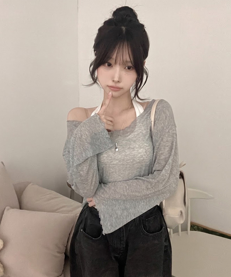 트릭 홀터 여리핏 오프 날라리 티셔츠 투피스 세트 그레이