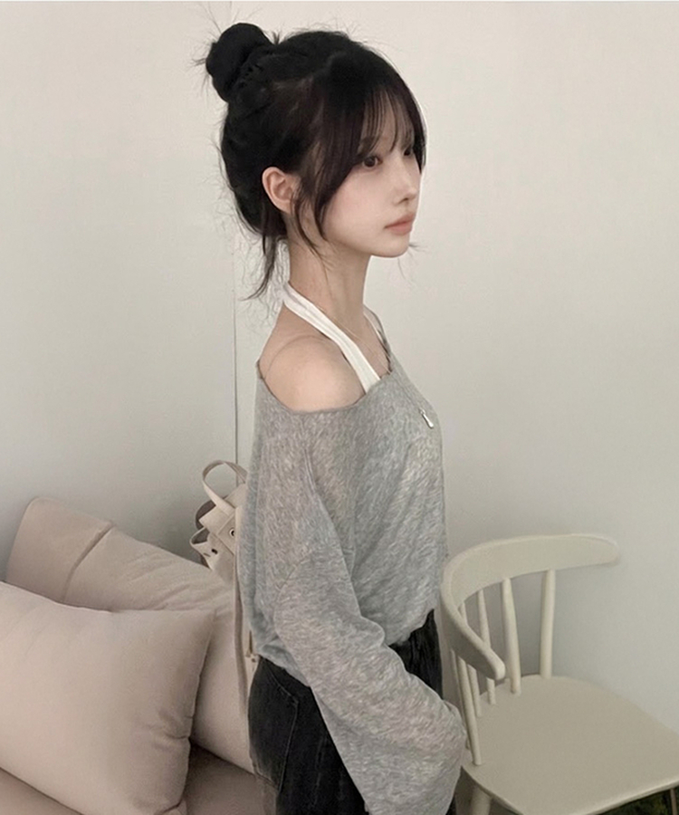 트릭 홀터 여리핏 오프 날라리 티셔츠 투피스 세트 그레이