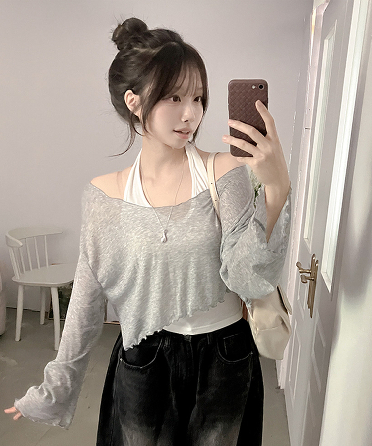트릭 홀터 여리핏 오프 날라리 티셔츠 투피스 세트 그레이