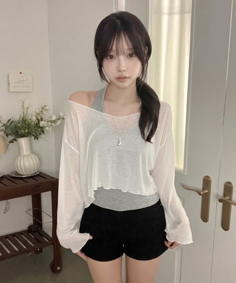 트릭 홀터 여리핏 오프 날라리 티셔츠 투피스 세트 아이보리