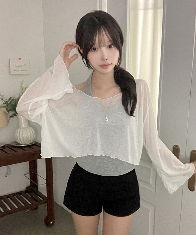 트릭 홀터 여리핏 오프 날라리 티셔츠 투피스 세트 아이보리