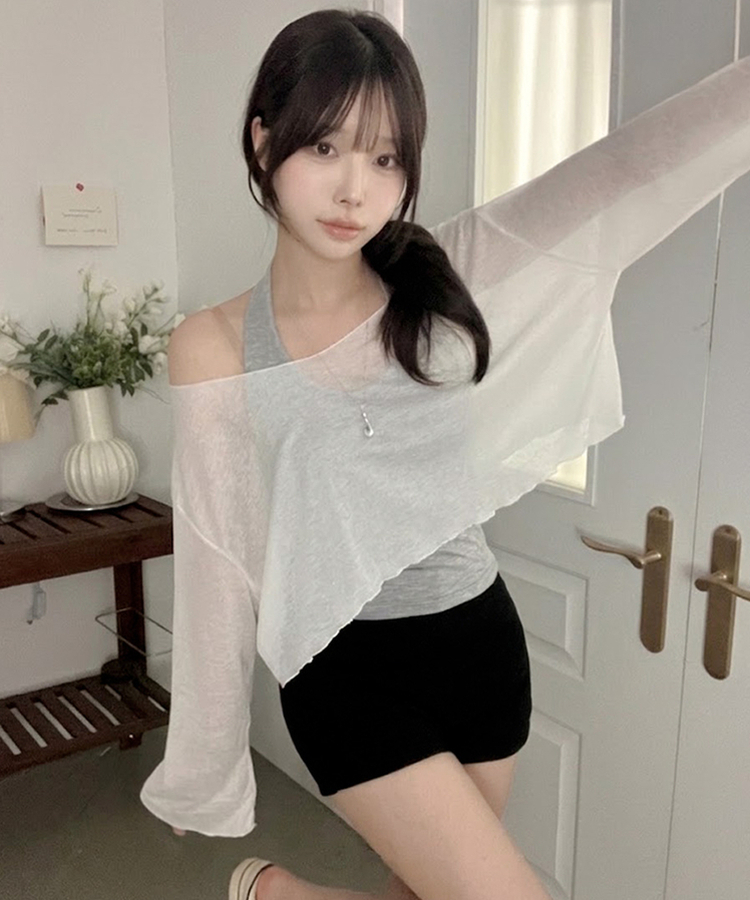 트릭 홀터 여리핏 오프 날라리 티셔츠 투피스 세트 아이보리