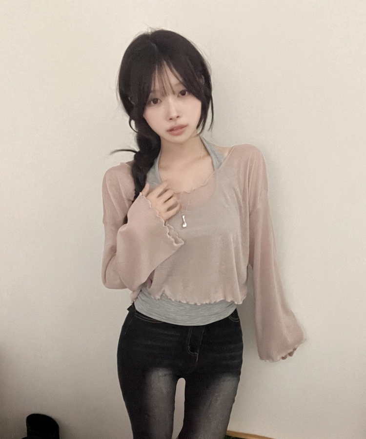 트릭 홀터 여리핏 오프 날라리 티셔츠 투피스 세트 베이지