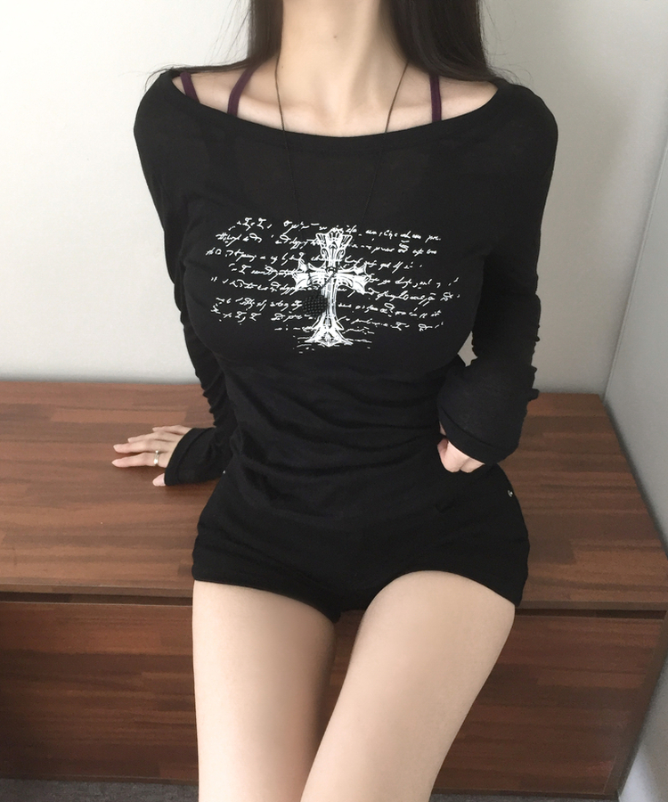 십자가 레터링 원오프숄더 보트넥 여리 루즈 슬림핏 롱슬리브 긴팔티셔츠 4colors 블랙