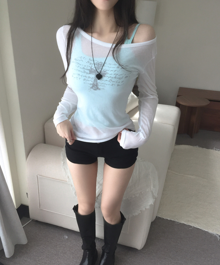 십자가 레터링 원오프숄더 보트넥 여리 루즈 슬림핏 롱슬리브 긴팔티셔츠 4colors 아이보리