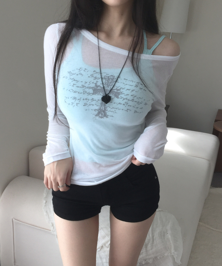 십자가 레터링 원오프숄더 보트넥 여리 루즈 슬림핏 롱슬리브 긴팔티셔츠 4colors 아이보리