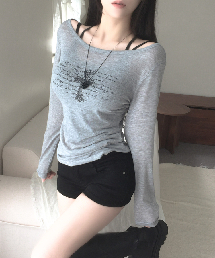 십자가 레터링 원오프숄더 보트넥 여리 루즈 슬림핏 롱슬리브 긴팔티셔츠 4colors 메란지