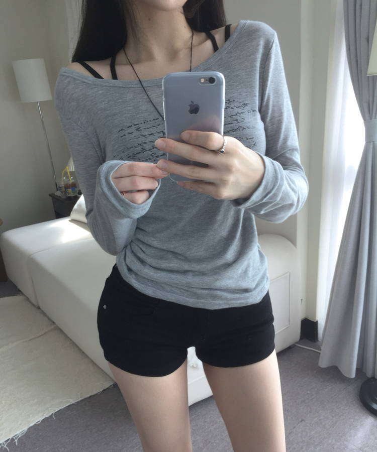십자가 레터링 원오프숄더 보트넥 여리 루즈 슬림핏 롱슬리브 긴팔티셔츠 4colors 메란지