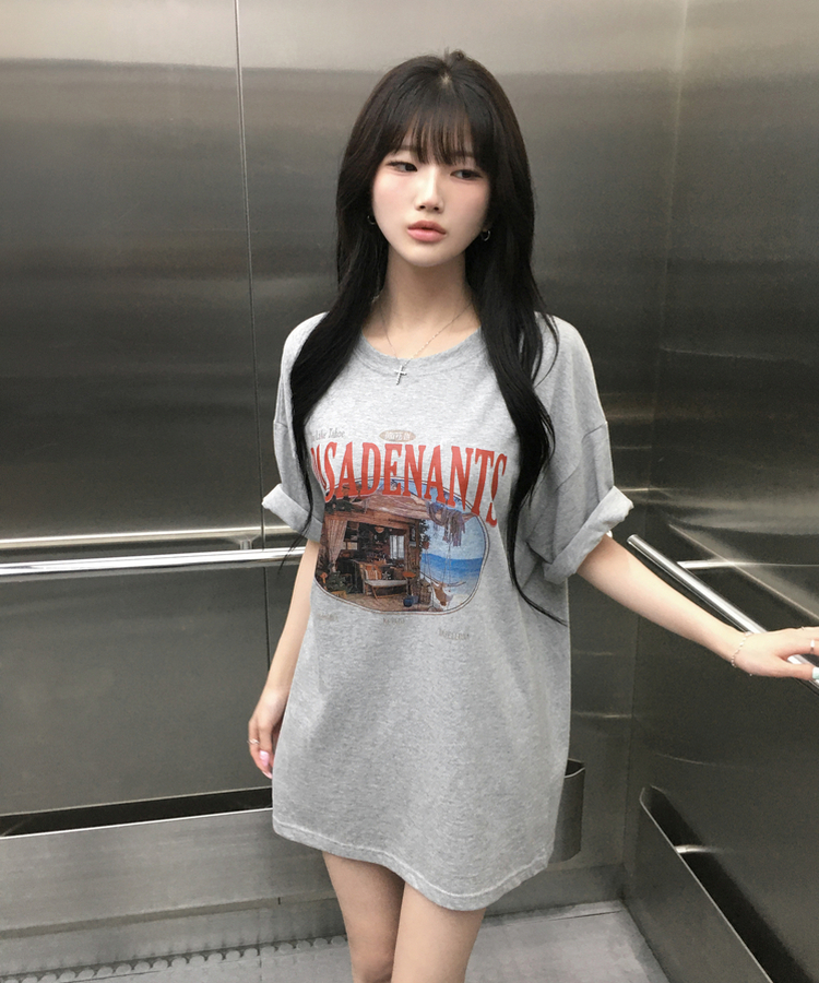 뮤넨 빈티지 프린팅 오버핏 반팔티셔츠 박스티 롤업가능 힙덮는기장 박시핏 체형커버 데일리 레이어드 여름신상여름반팔 그레이