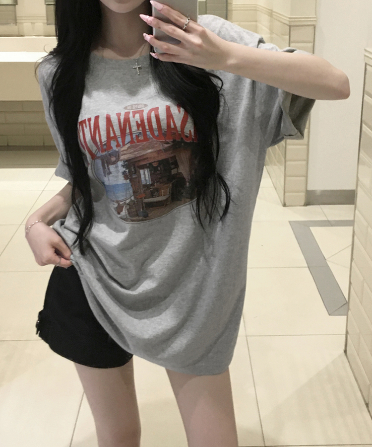 뮤넨 빈티지 프린팅 오버핏 반팔티셔츠 박스티 롤업가능 힙덮는기장 박시핏 체형커버 데일리 레이어드 여름신상여름반팔 그레이
