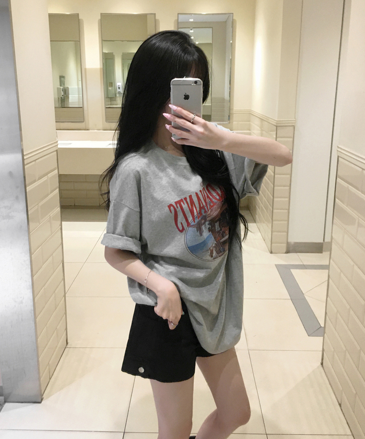 뮤넨 빈티지 프린팅 오버핏 반팔티셔츠 박스티 롤업가능 힙덮는기장 박시핏 체형커버 데일리 레이어드 여름신상여름반팔 그레이