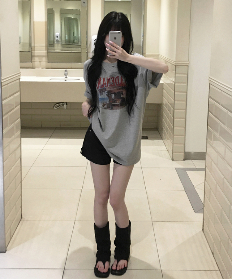 뮤넨 빈티지 프린팅 오버핏 반팔티셔츠 박스티 롤업가능 힙덮는기장 박시핏 체형커버 데일리 레이어드 여름신상여름반팔 그레이