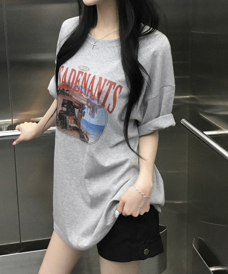 뮤넨 빈티지 프린팅 오버핏 반팔티셔츠 박스티 롤업가능 힙덮는기장 박시핏 체형커버 데일리 레이어드 여름신상여름반팔 그레이