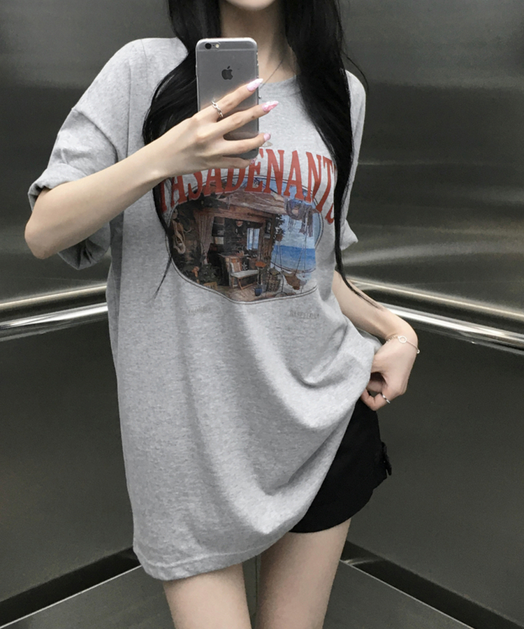 뮤넨 빈티지 프린팅 오버핏 반팔티셔츠 박스티 롤업가능 힙덮는기장 박시핏 체형커버 데일리 레이어드 여름신상여름반팔 그레이