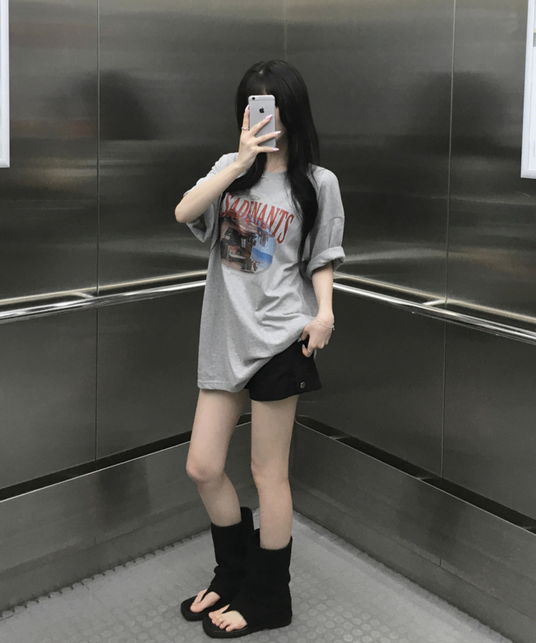 뮤넨 빈티지 프린팅 오버핏 반팔티셔츠 박스티 롤업가능 힙덮는기장 박시핏 체형커버 데일리 레이어드 여름신상여름반팔 그레이