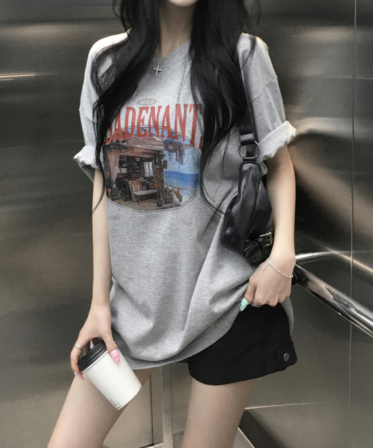 뮤넨 빈티지 프린팅 오버핏 반팔티셔츠 박스티 롤업가능 힙덮는기장 박시핏 체형커버 데일리 레이어드 여름신상여름반팔 그레이