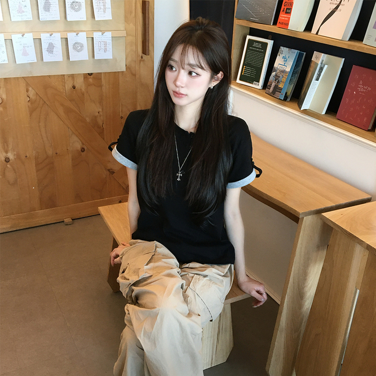 소매 널널핏 주니 헨리넥 단추 여름 루즈핏 롤업 반팔 티셔츠 데일리 오버핏 버튼 반팔티 레이어드 배색 상의 6color 블랙