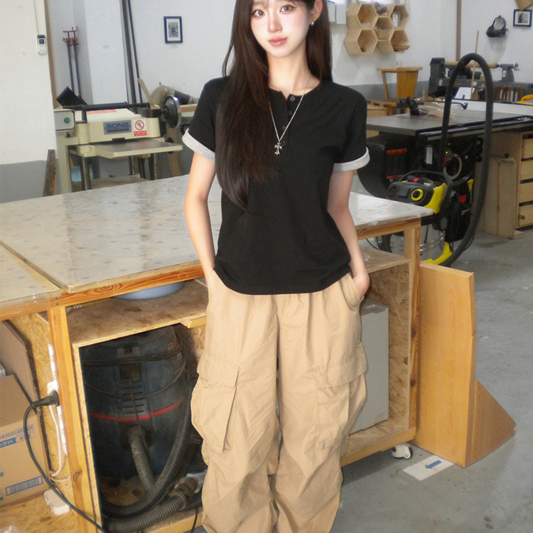 소매 널널핏 주니 헨리넥 단추 여름 루즈핏 롤업 반팔 티셔츠 데일리 오버핏 버튼 반팔티 레이어드 배색 상의 6color 블랙