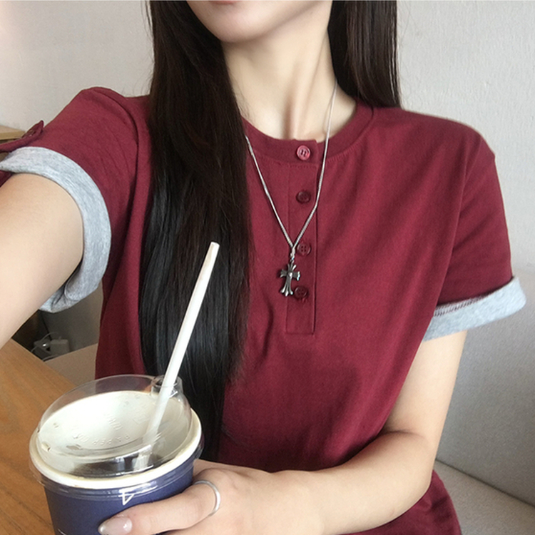 소매 널널핏 주니 헨리넥 단추 여름 루즈핏 롤업 반팔 티셔츠 데일리 오버핏 버튼 반팔티 레이어드 배색 상의 6color 레드