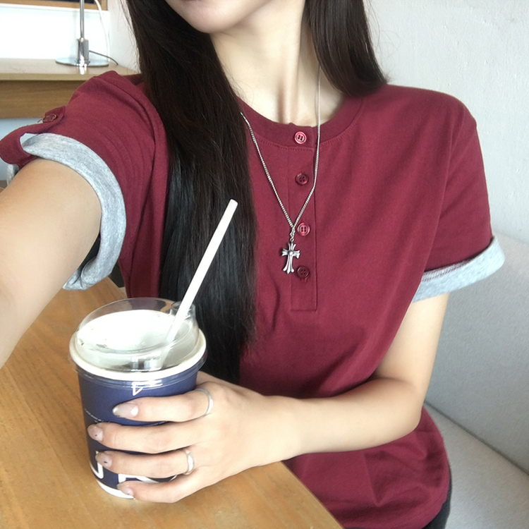 소매 널널핏 주니 헨리넥 단추 여름 루즈핏 롤업 반팔 티셔츠 데일리 오버핏 버튼 반팔티 레이어드 배색 상의 6color 레드