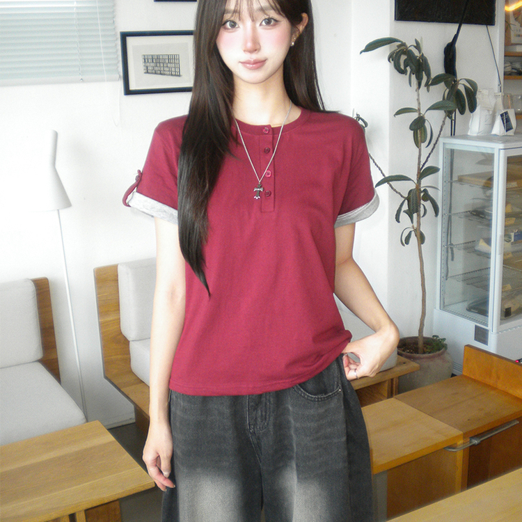 소매 널널핏 주니 헨리넥 단추 여름 루즈핏 롤업 반팔 티셔츠 데일리 오버핏 버튼 반팔티 레이어드 배색 상의 6color 레드