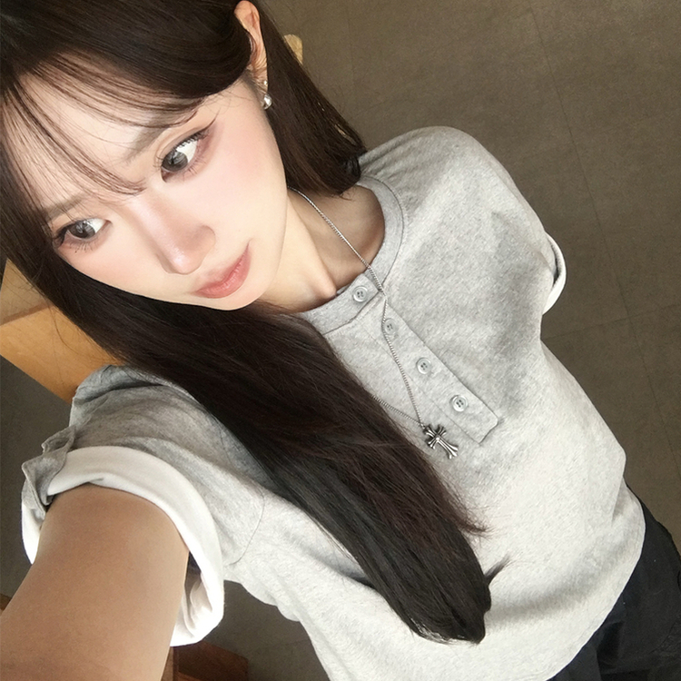 소매 널널핏 주니 헨리넥 단추 여름 루즈핏 롤업 반팔 티셔츠 데일리 오버핏 버튼 반팔티 레이어드 배색 상의 6color 메란지그레이