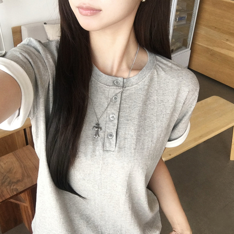 소매 널널핏 주니 헨리넥 단추 여름 루즈핏 롤업 반팔 티셔츠 데일리 오버핏 버튼 반팔티 레이어드 배색 상의 6color 메란지그레이