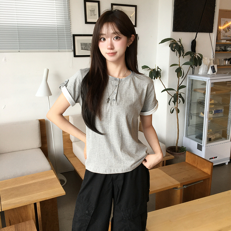 소매 널널핏 주니 헨리넥 단추 여름 루즈핏 롤업 반팔 티셔츠 데일리 오버핏 버튼 반팔티 레이어드 배색 상의 6color 메란지그레이