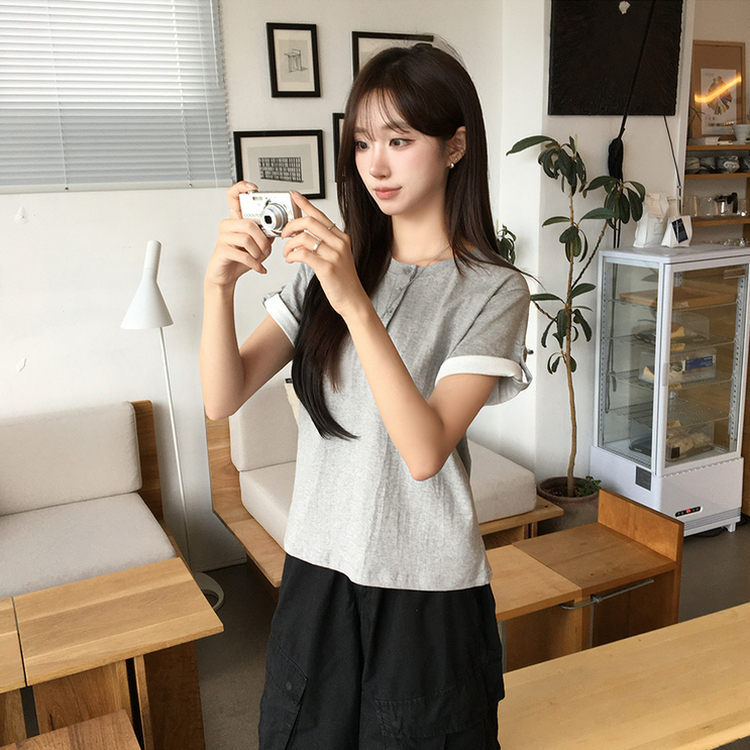 소매 널널핏 주니 헨리넥 단추 여름 루즈핏 롤업 반팔 티셔츠 데일리 오버핏 버튼 반팔티 레이어드 배색 상의 6color 메란지그레이